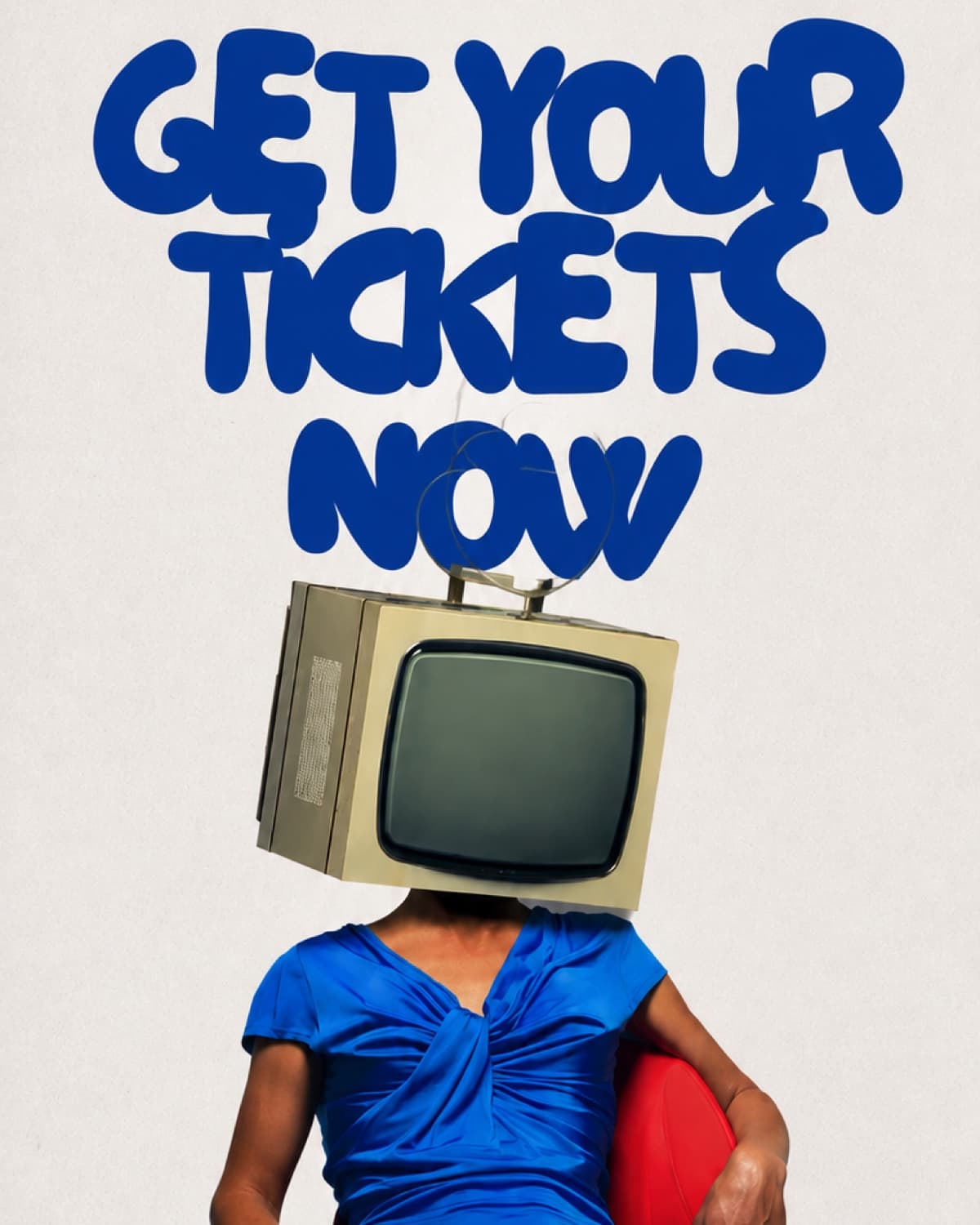 Get You Tix TV — “Get Your Tickets Now” in hand-drawn blue lettering above a seated figure in a blue dress with a vintage television in place of her head