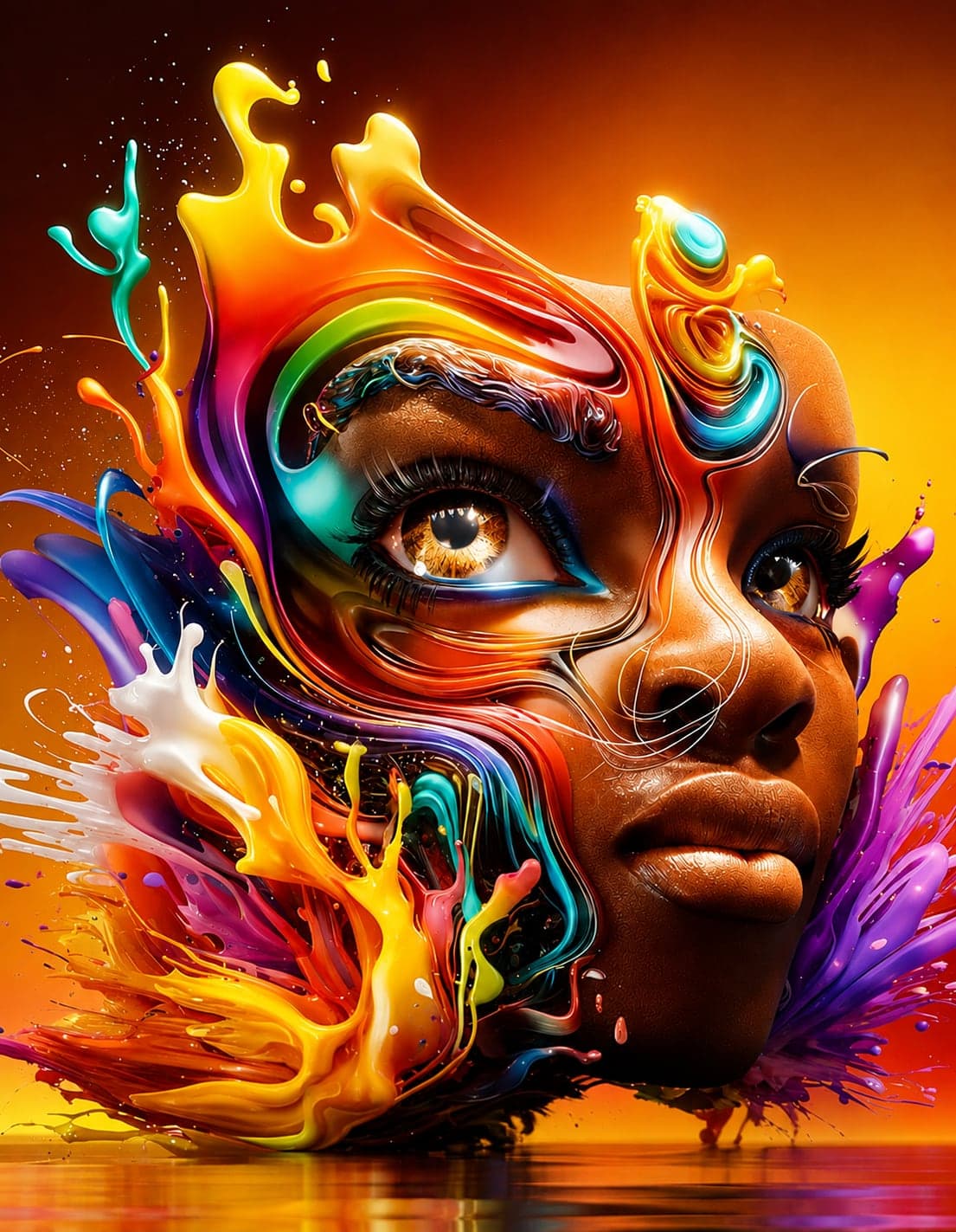 AI-generated portrait dissolving into vivid colour splashes