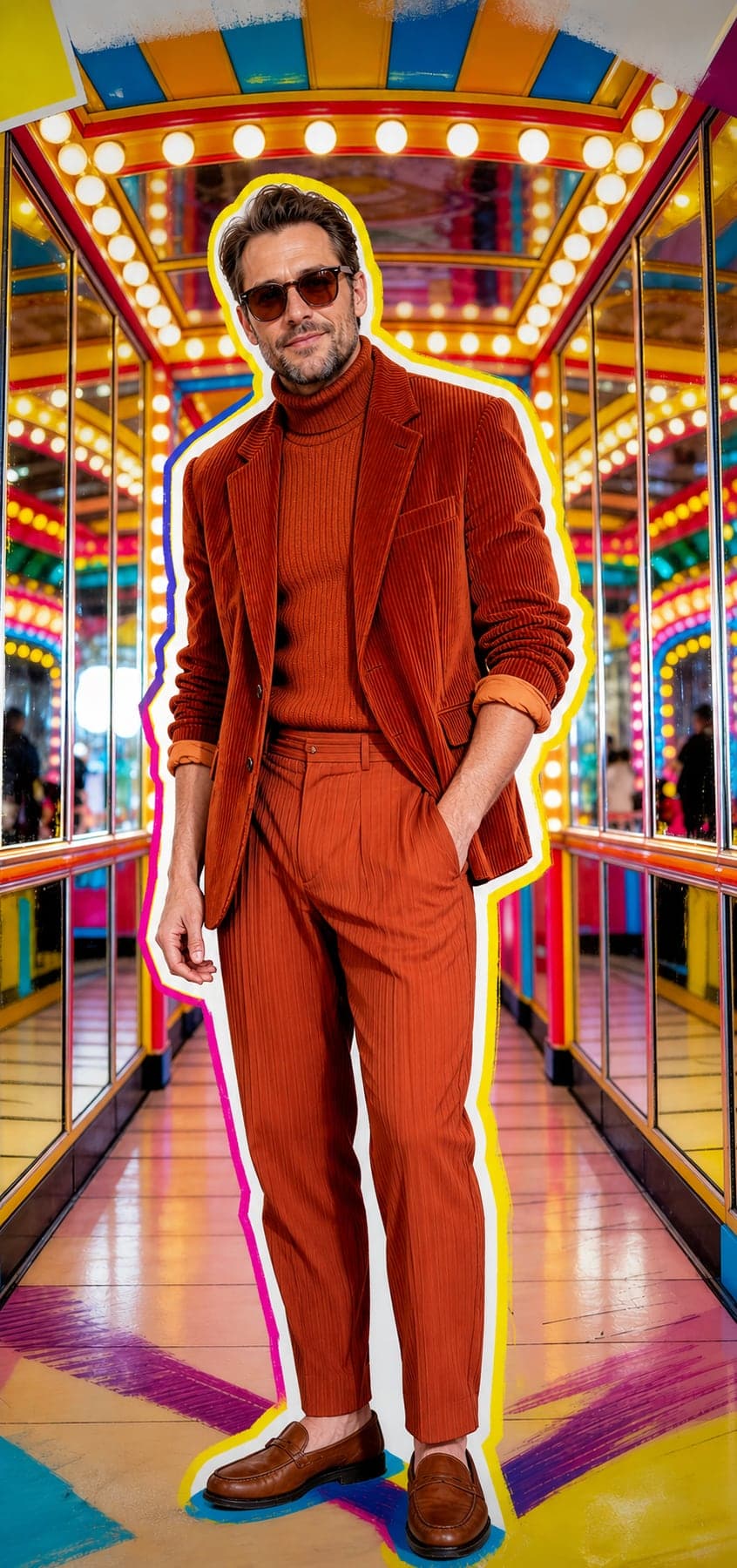 AI-generated figure in a rust-coloured suit in a neon-lit corridor