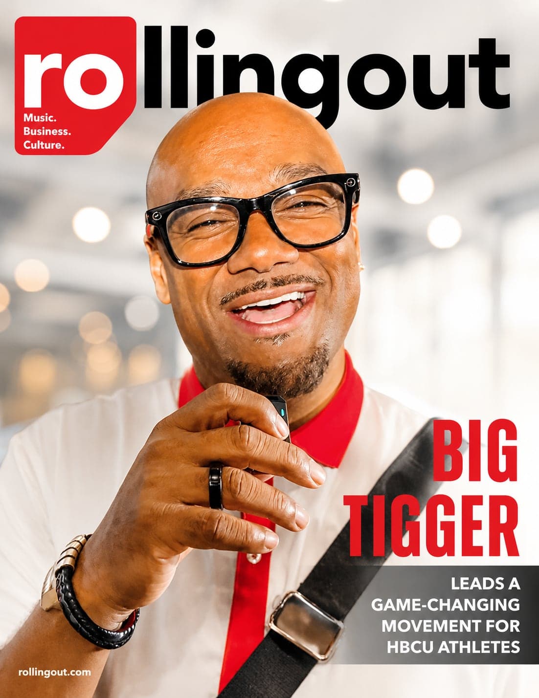 Rolling Out cover featuring broadcaster Big Tigger in a black shirt and red tie