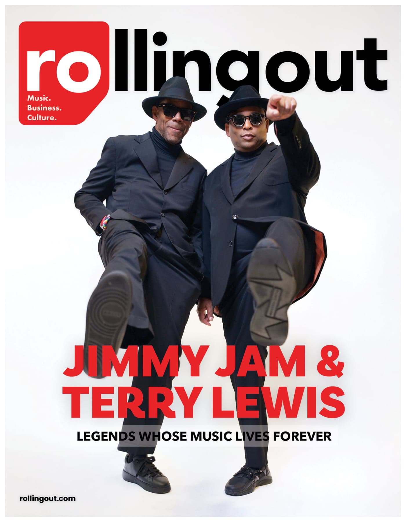 Rolling Out cover featuring producers Jimmy Jam and Terry Lewis in black suits and hats