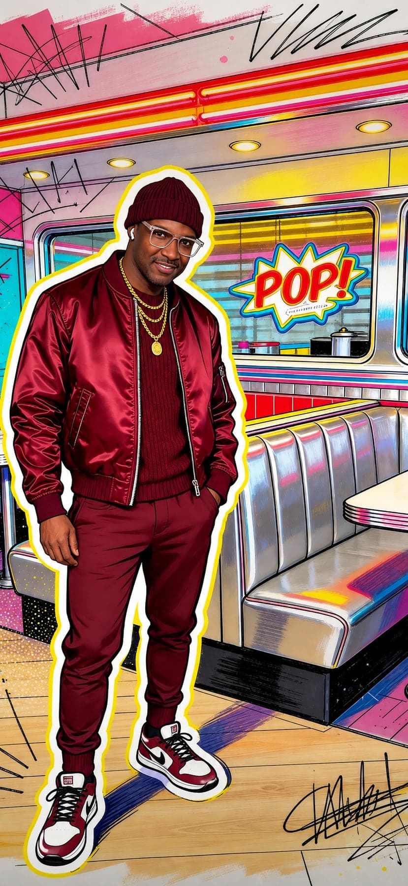Stylised pop-art portrait of Ric Mathis in an arcade