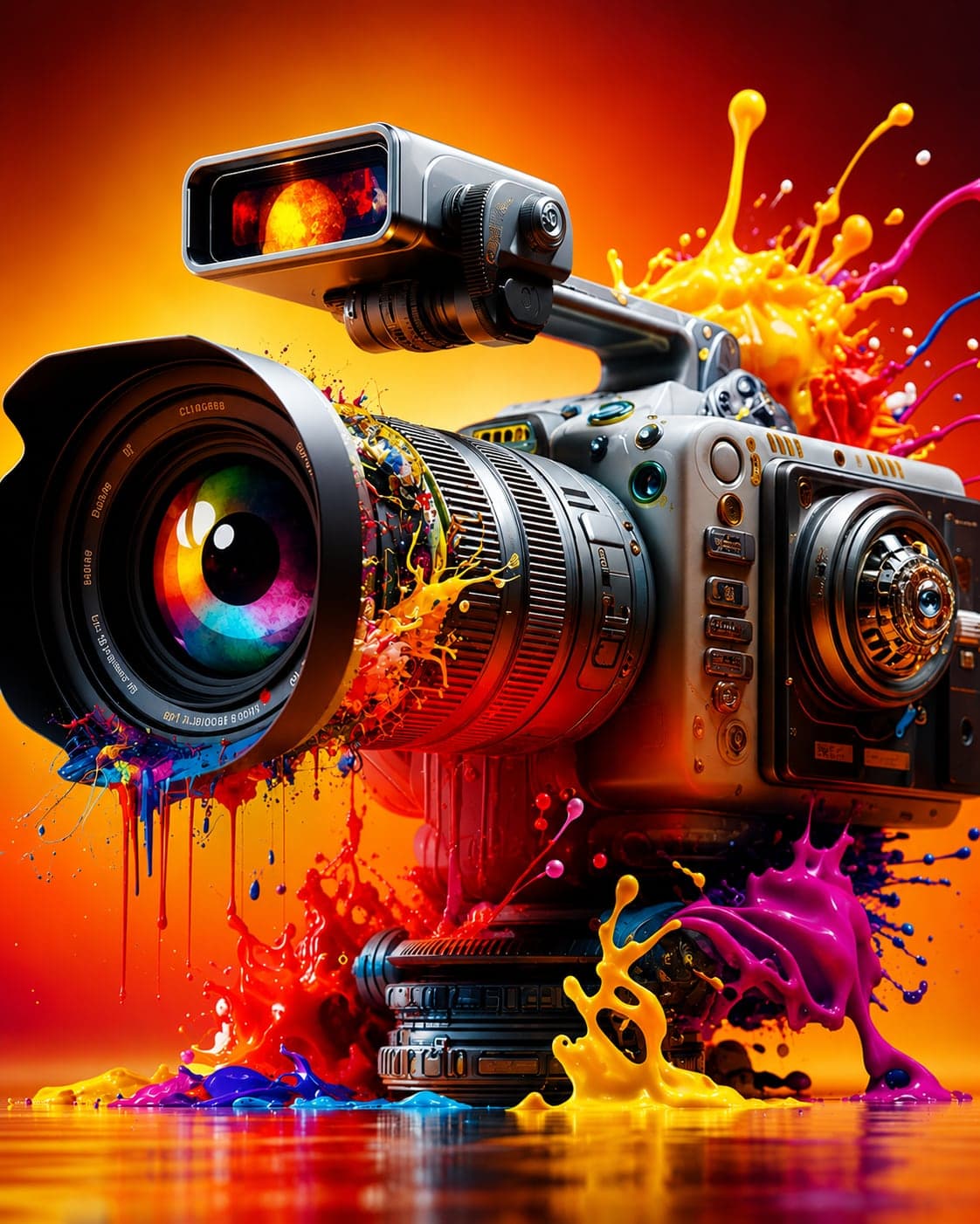 AI-generated image of a cinema camera erupting in vivid paint splashes
